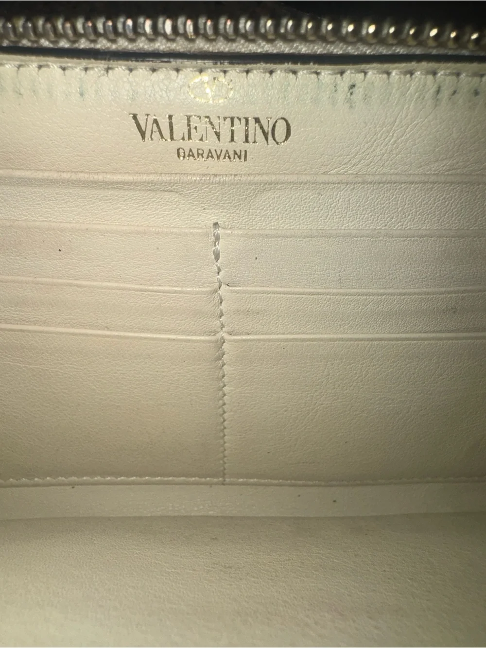 Valentino Garavani Cream Leather Zip Wallet with Gold Logo